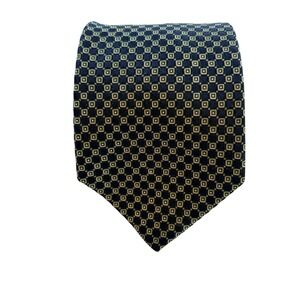 Roundtree & Yorke Mens Silk Tie Navy Blue Green Gold Geometric Square Handmade